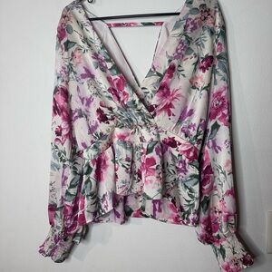 Express Floral Wrap Blouse - Pink and Green